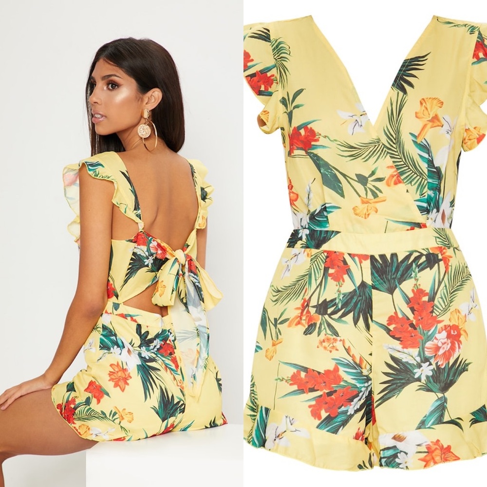 PLT Yellow Tropical Tie-Back Romper || L